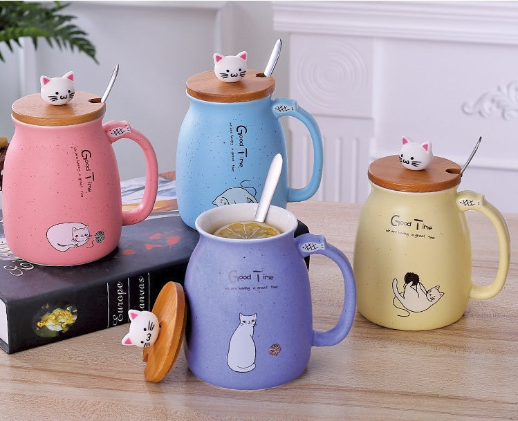 Cartoon Ceramics Cat Mug With Lid and Spoon