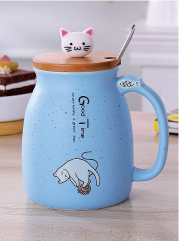 Cartoon Ceramics Cat Mug With Lid and Spoon