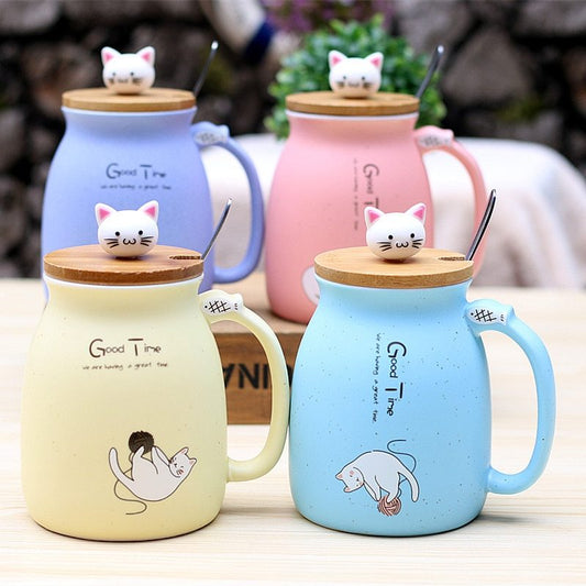 Cartoon Ceramics Cat Mug With Lid and Spoon